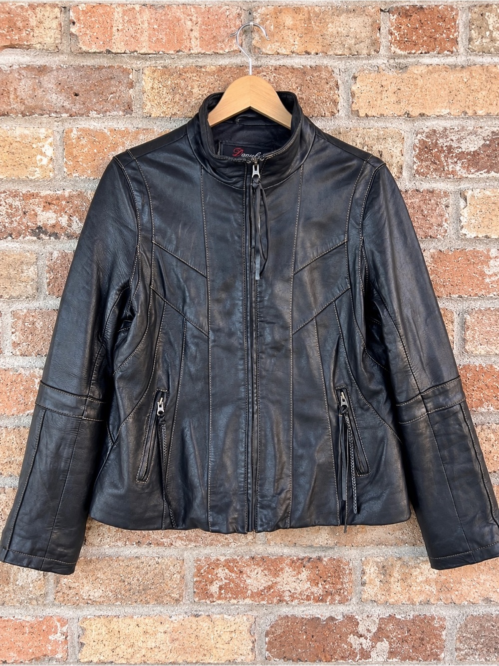 Danali 100% Lambskin Leather Black Moto Jacket Size 14 Zip Cuff